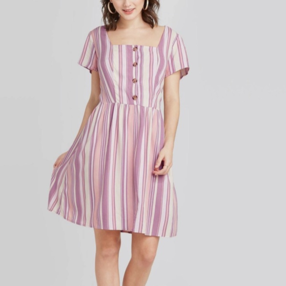 Xhilaration | Striped Short Sleeve Square Neck Dress Button Front